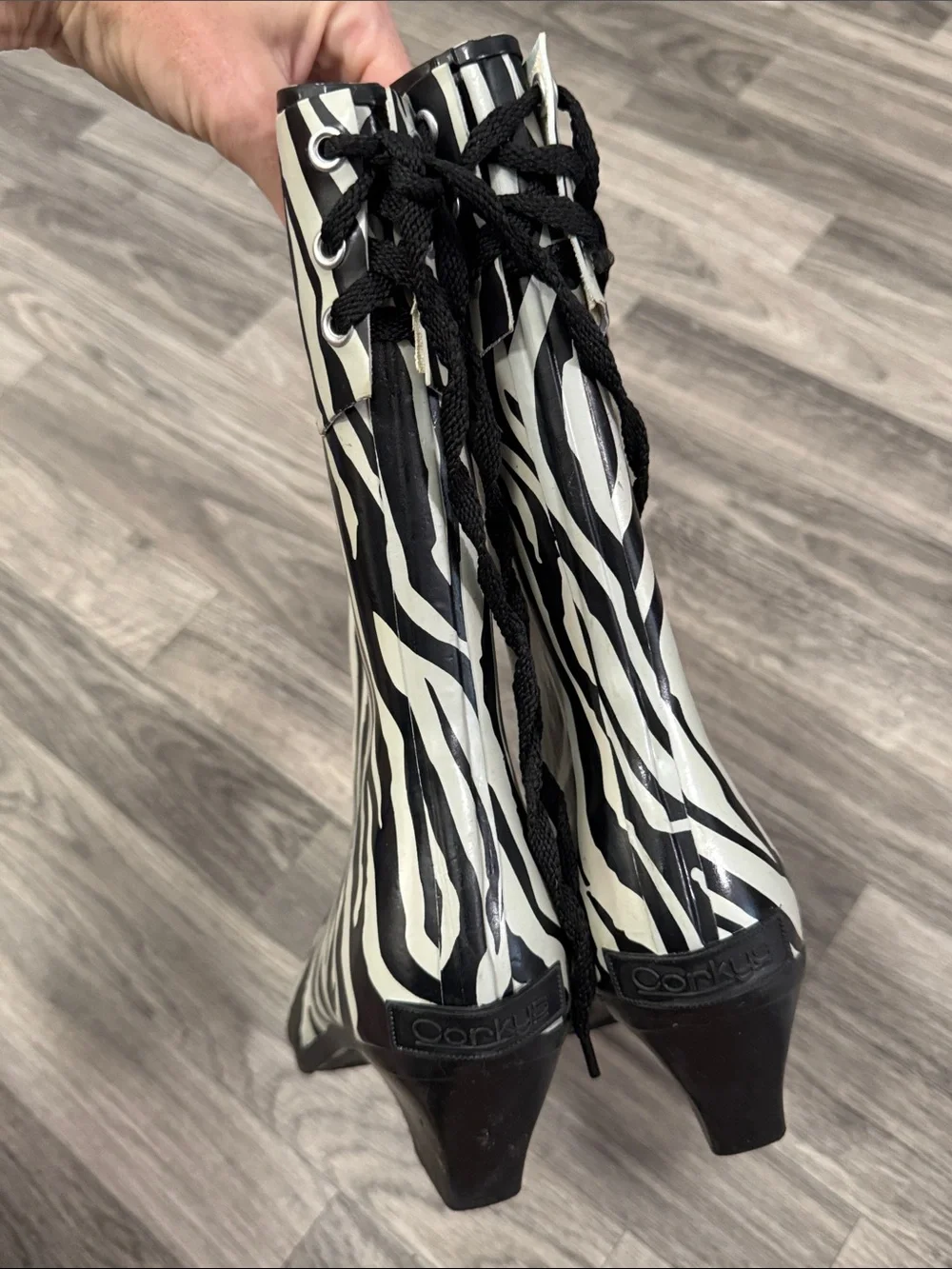 Corkys zebra print heeled rain boots women’s sz 9